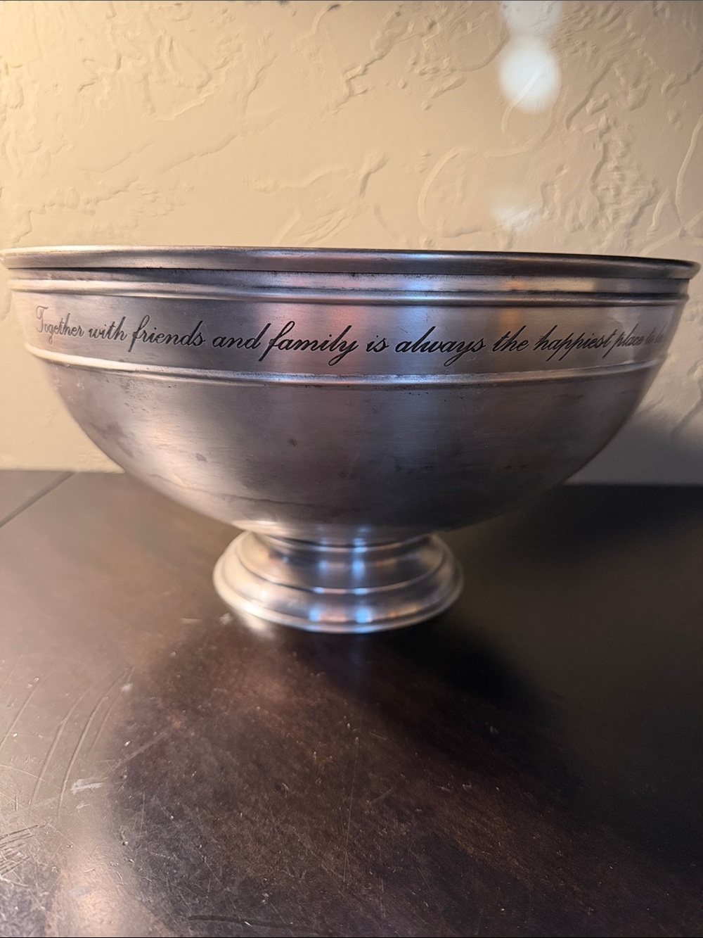 Discontinued Pottery Barn Large Antique Silver Engraved Sentiment Bowl